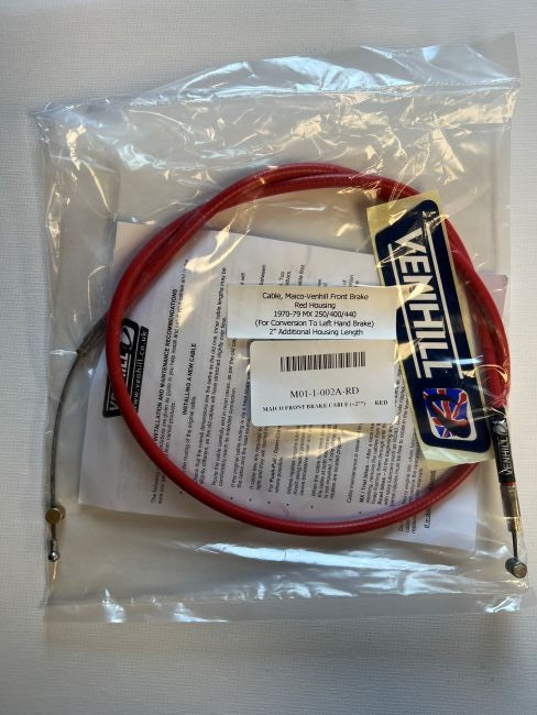 Cable, Maico Venhill Front Brake 1970-79 MX 250/400/400, 2" Additional Housing Length For Conversion To Left Hand Brake (Red)